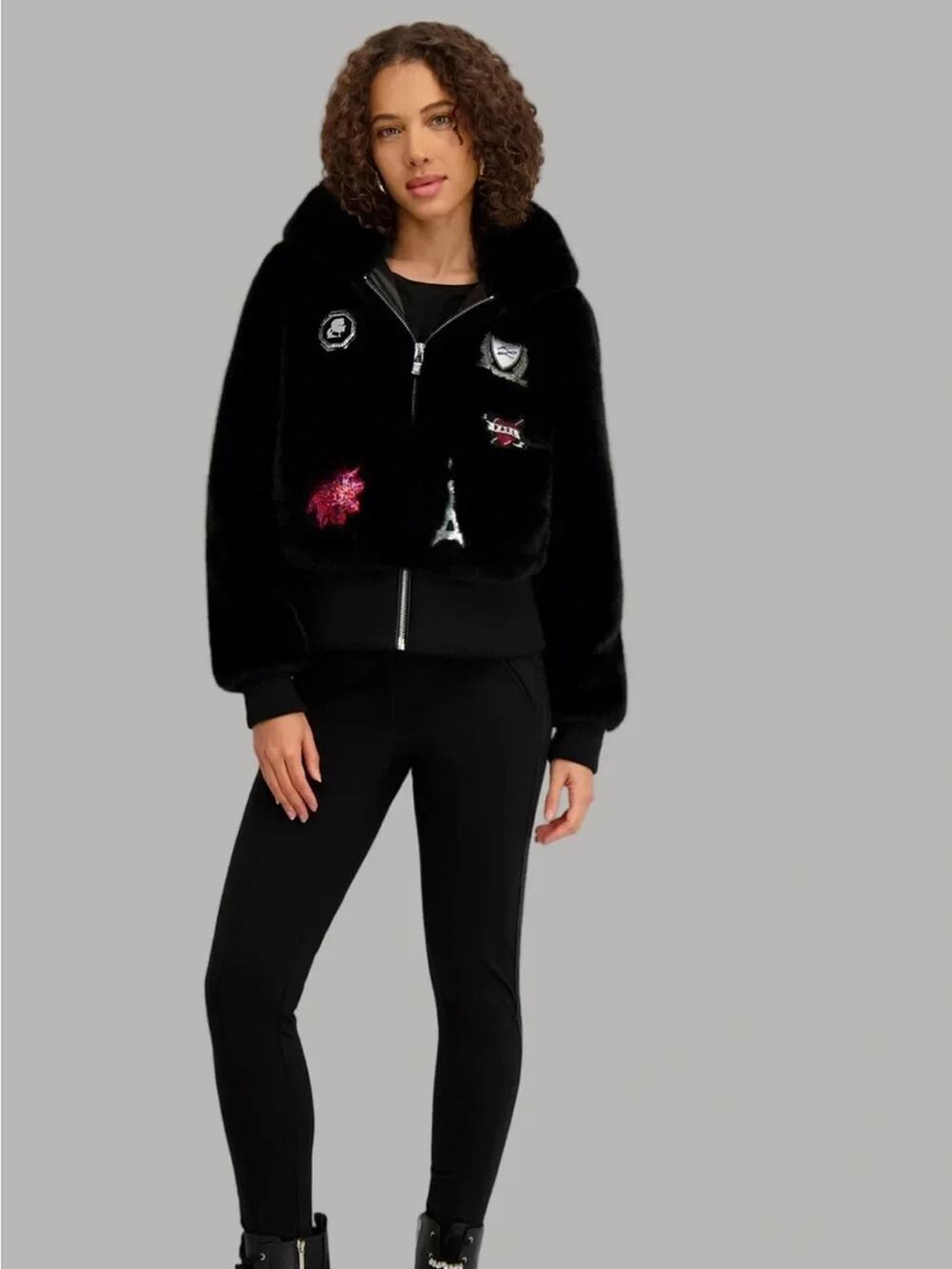 Karl Lagerfeld Black Faux Fur Hooded Bomber Jacket with Patches size S NWT